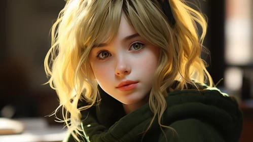 Charming Realistic Portraiture of Blonde Girl in Green Jacket