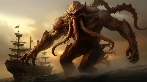 Cthulhu Monster Attacking Ship - Matte Painting Illustration
