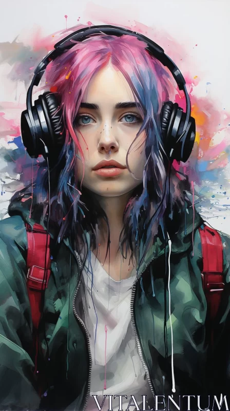 Gloomy Sci-fi Artwork of Girl with Colorful Hair and Headphones AI Image