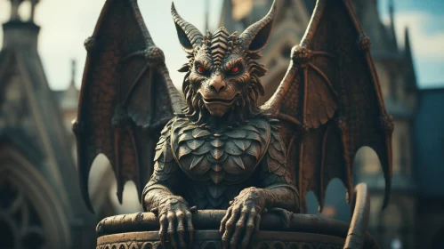 Gothic Dragon Statue in Fantastical Street - Artistic Image AI Image