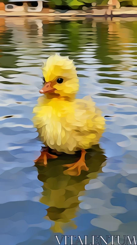 Impressionist Digital Art - Duckling Swimming in Water AI Image