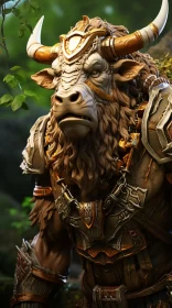 Intense Close-Up of a Heroic Minotaur Amidst Woods in the Style of Kushan Empire AI Image