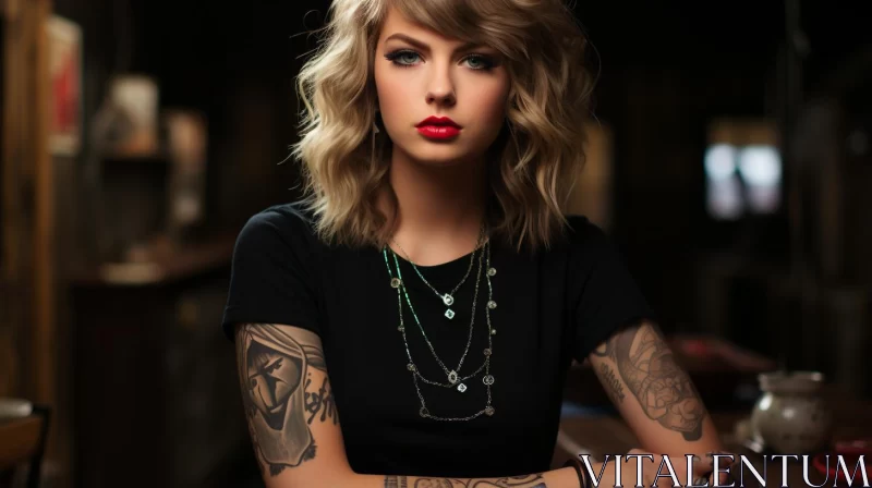 Taylor Swift Tattooed Portrait - Modern Jewelry and Classic Americana AI Image