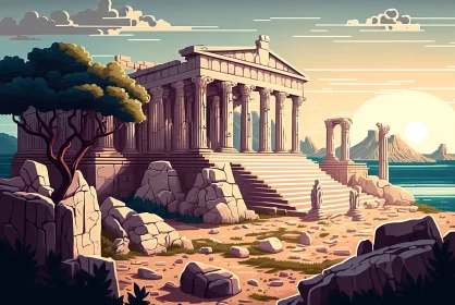 Ancient Greek Temple in Bold Colors - Nature-Inspired Art Nouveau Illustration