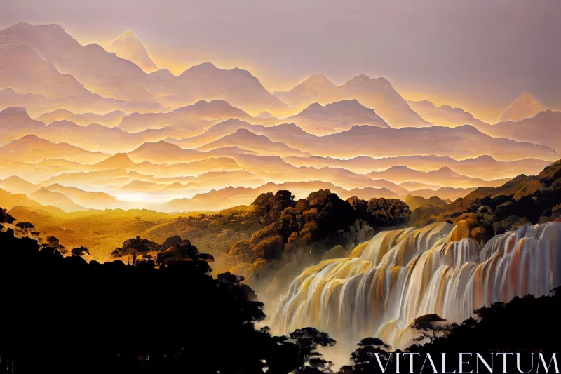 Golden Light Waterfall - Traditional Chinese Landscape AI Image