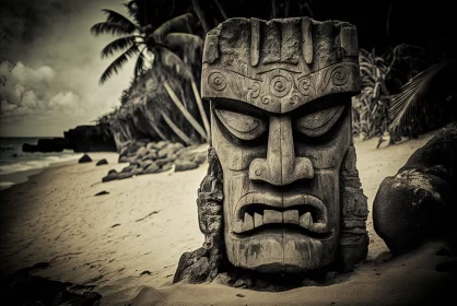 Ancient Tiki Totem on Tropical Beach: An Exotic Historical Drama AI Image