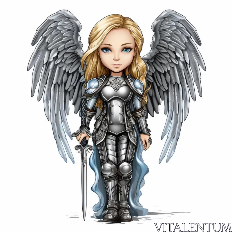 AI ART Cartoonish Angel Illustration with Sword in Light Blue and Dark Silver