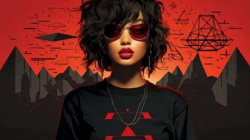 Cyberpunk Manga Style Woman in Sunglasses and Red Shirt