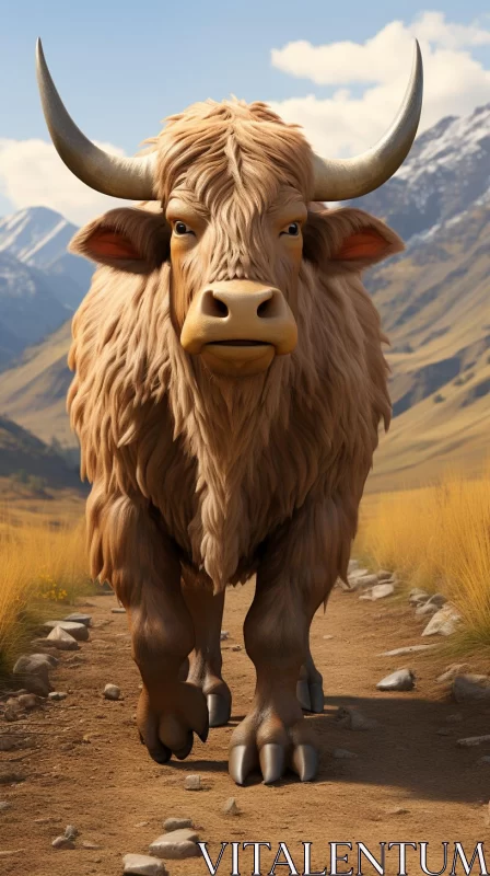 Hyper-realistic Cartoon Bull on Rocky Path AI Image