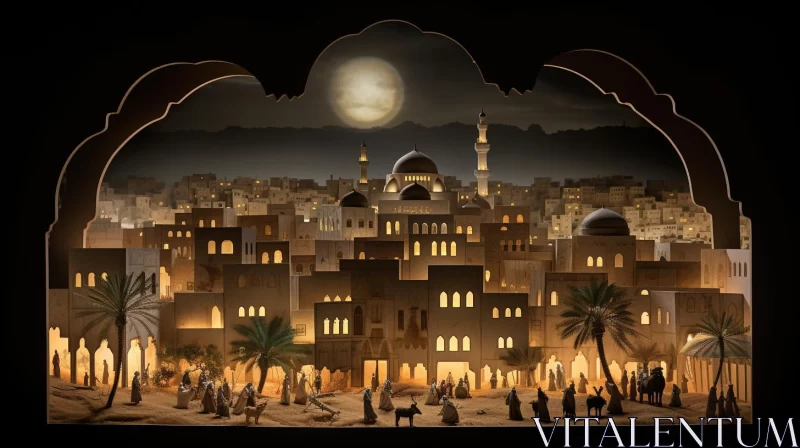 Moonlit Egyptian City Scene: A Theatrical Cardboard Installation AI Image