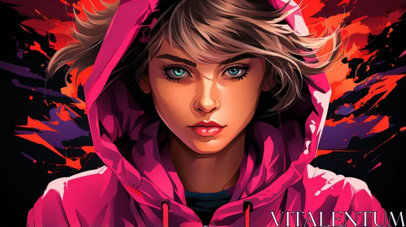AI ART Pink Hoodie Girl: A Bold, Colorful Close-Up Portrait