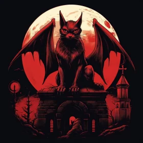 Black Gargoyle Cat under Red Moonlight on Castle AI Image