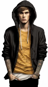 Justin Bieber in a Black Hoodie - Graphic Novel Style Illustration