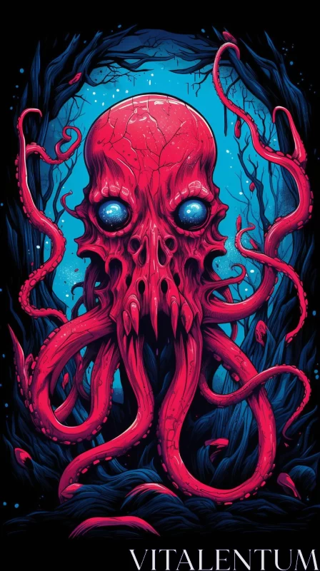 Otherworldly Red Octopus: An Intricate Underwater Horror Vision AI Image