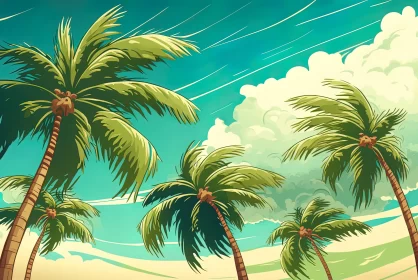 Vintage Cartoon Landscape with Palm Trees and Beach AI Image