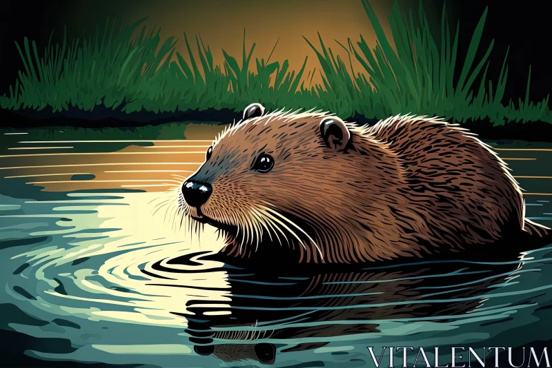 Illustrated Beaver in Water: Mid-Century Prairiecore Art AI Image