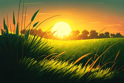 Captivating Sunset on Field Illustration AI Image