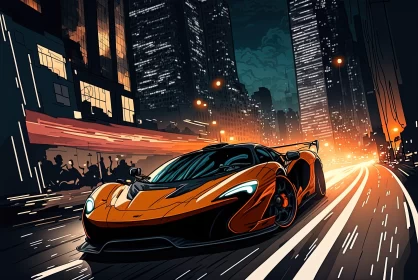 Luxurious Nighttime Cityscape with Comic Art Styled Car AI Image
