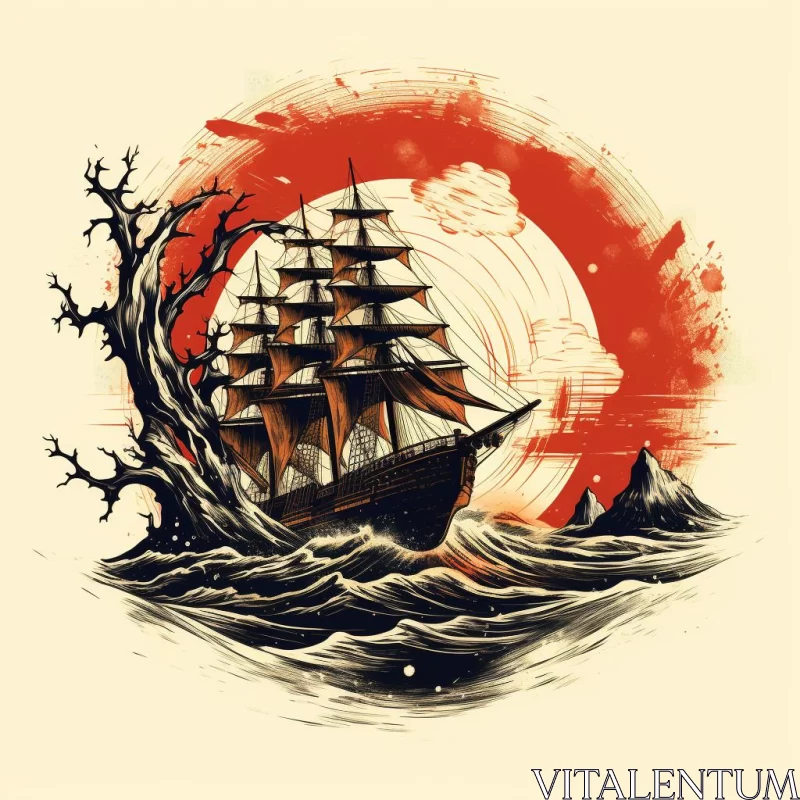 Emotive Macabre Sailing Ship Illustration AI Image