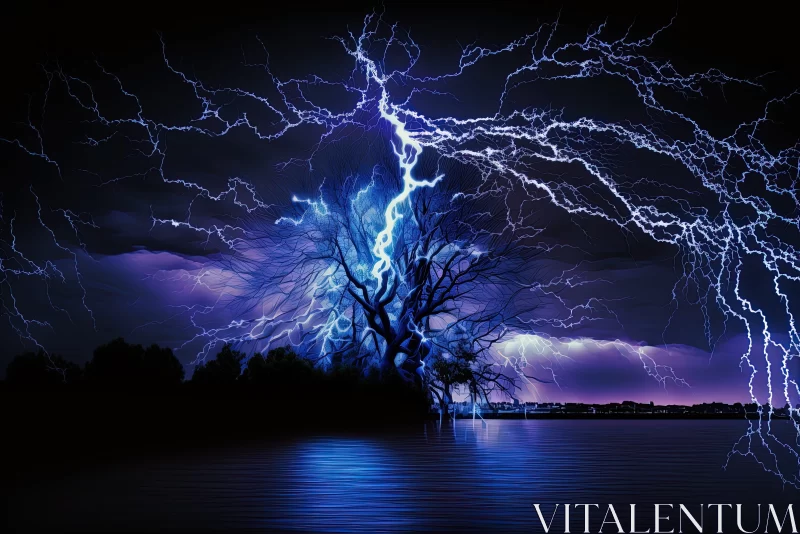 Night Lightning over Lake - A Nature's Power Display AI Image