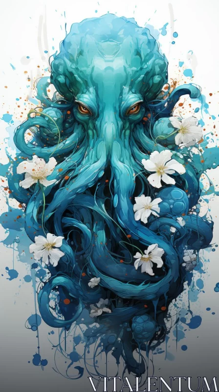 Azure Octopus Amidst Flowers - An Artwork of Naturalistic Realism AI Image