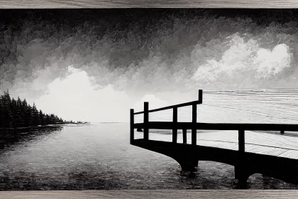 Black and White Realistic Oil Painting of a Pier