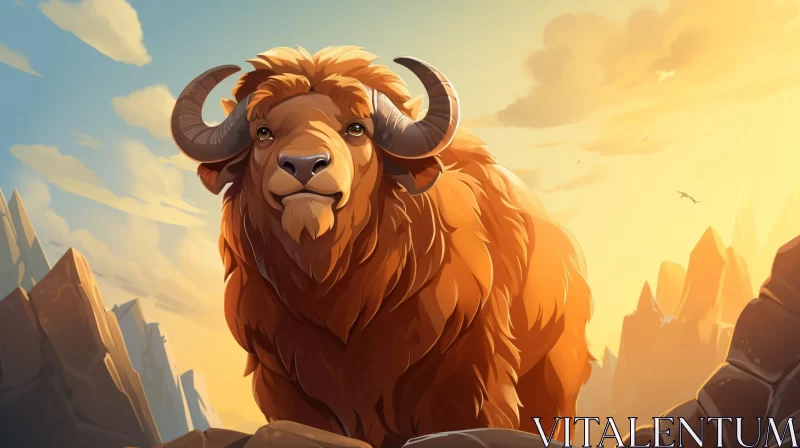 Cartoon Yak in Wilderness - A Tranquil 2D Game Art AI Image