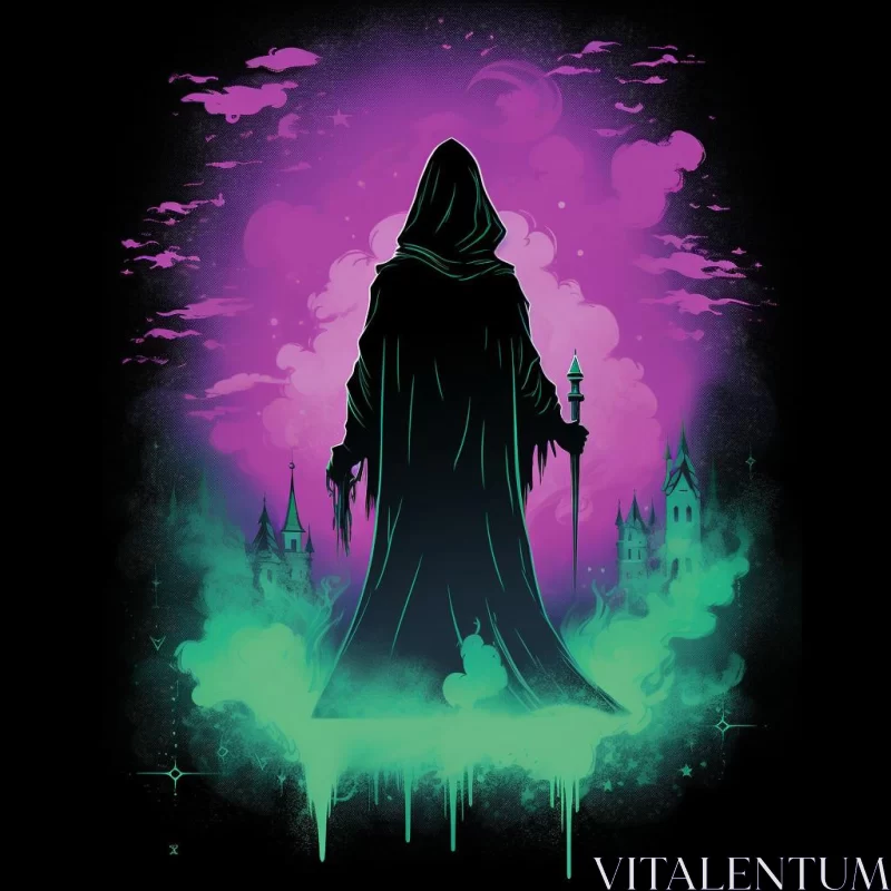 Mysterious Hooded Figure with Sceptre on Purple Cloud AI Image
