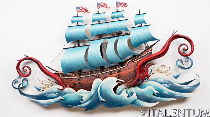 Paper Pirate Ship in a Crimson and Sky-Blue Seascape AI Image