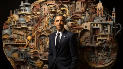 President Obama among Surreal Clockwork - A Unique Moment AI Image