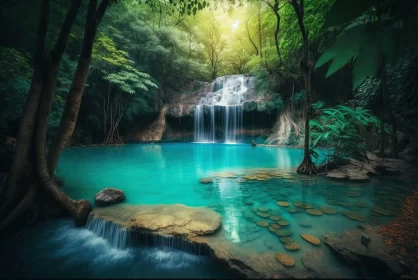 Serene Thai Art: Emerald Waterfall in Jungle AI Image
