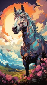 Blue Horse Over Floral Field: An Artistic Confluence of Nature and Fantasy AI Image