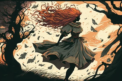 Red-Haired Witch in Forest Wilderness: Victorian-Inspired Ink Art