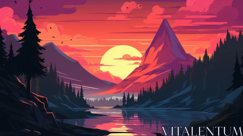 Captivating Sunset Landscape with Mountain and River AI Image