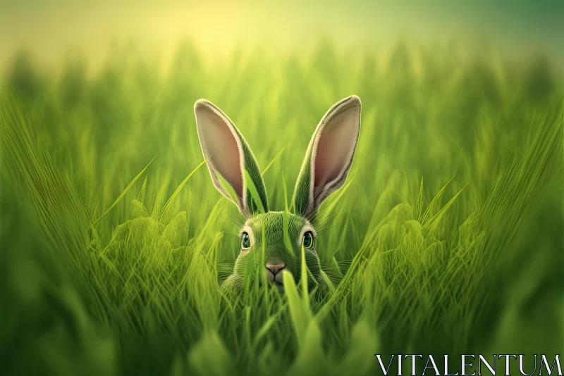 Green Rabbit Hidden in Grassy Field: A Nature-Inspired Surreal Image AI Image