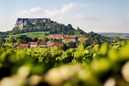 Idyllic Vineyard and Castle Scene in French Countryside AI Image