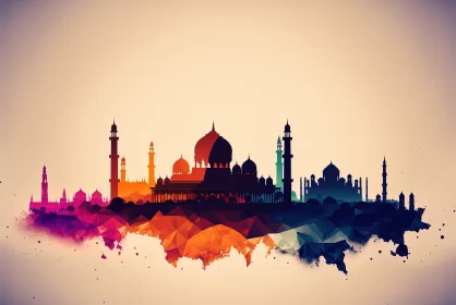 Intricate Illustration of Colorful Mosques with Retro Filter AI Image