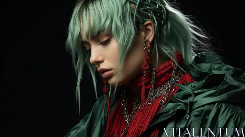Woman in Green: Futuristic Fashion and Intricate Details AI Image