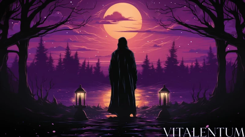 Mysterious Figure in a Lake with Lanterns under a Violet Sky AI Image