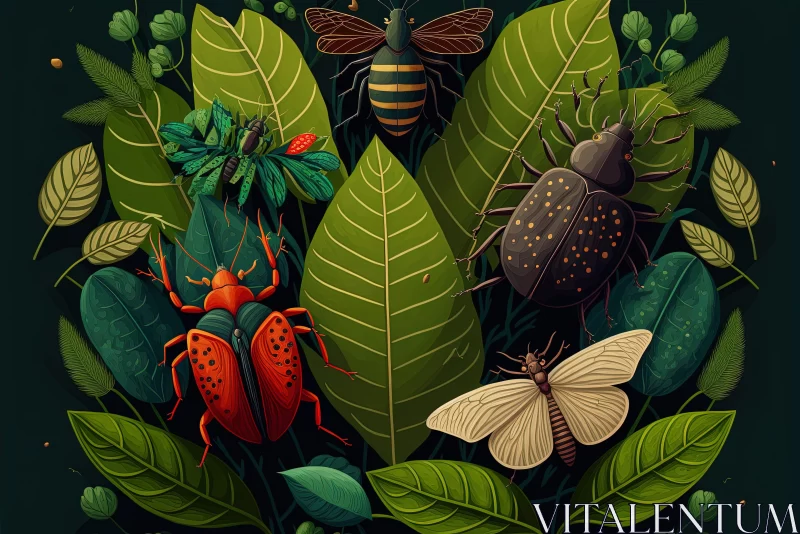 Mysterious Jungle: A Bold Illustration of Beetles and Leaves AI Image