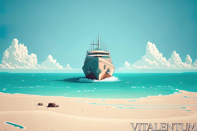 AI ART Retro Beach Scene with Majestic Boat