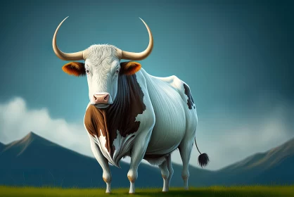 Majestic Cow in Verdant Field: A Western-style Portrait AI Image