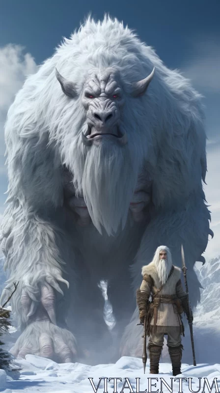 Mythical Beasts and Characters in Snowy Mountain Landscape AI Image