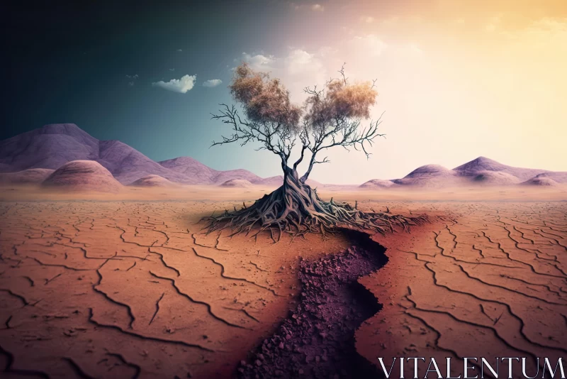 AI ART Surrealistic Lone Tree in Desert Landscape - Environmental Activism Art
