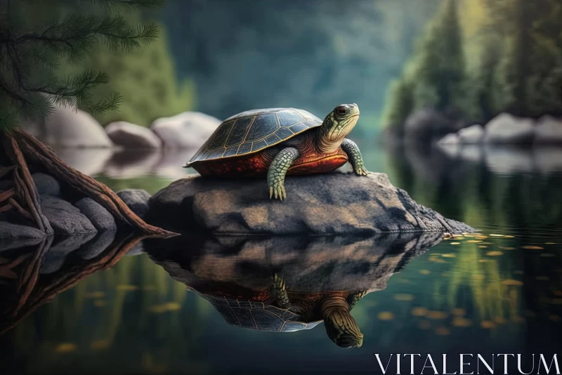 Turtle by Lake: A Serene Natural Illustration AI Image