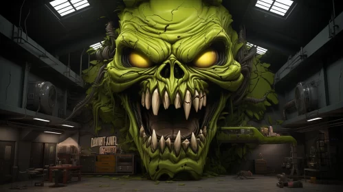 Green Monster Inside a Warehouse: A Surreal Art Piece AI Image