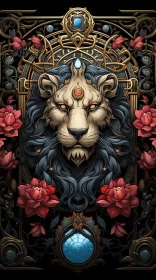 Majestic Lion Surrounded by Roses and Jewels Illustration AI Image