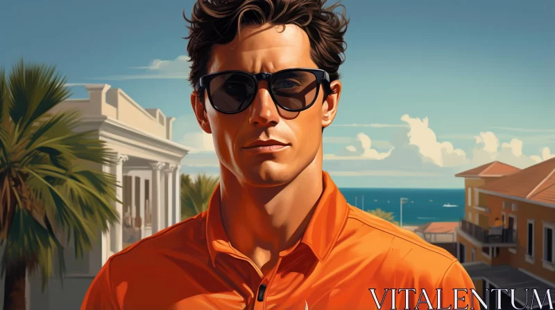 Man in Orange Shirt by the Ocean: A Modernistic Neoclassical Portraiture AI Image