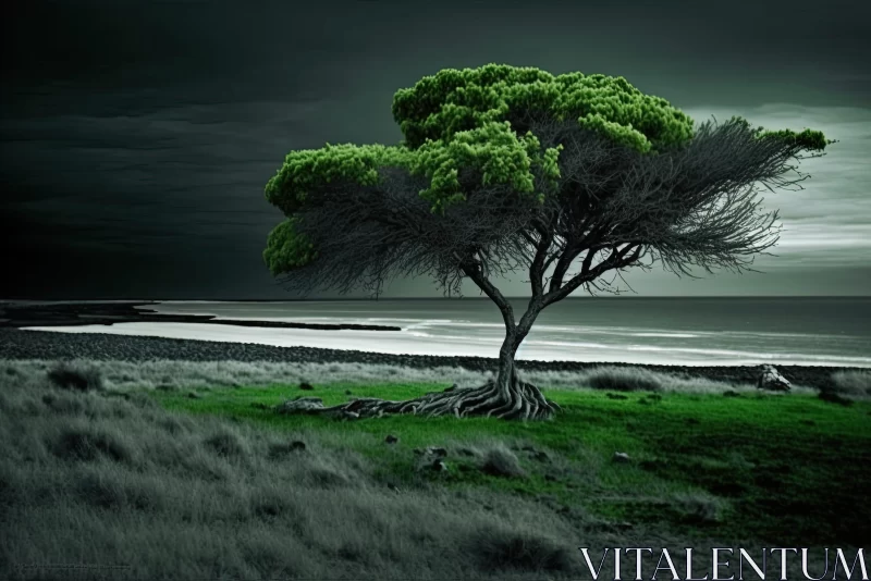 Monochrome Landscape: Lone Tree by the Ocean AI Image