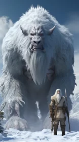 Mythical Beasts and Characters in Snowy Mountain Landscape AI Image